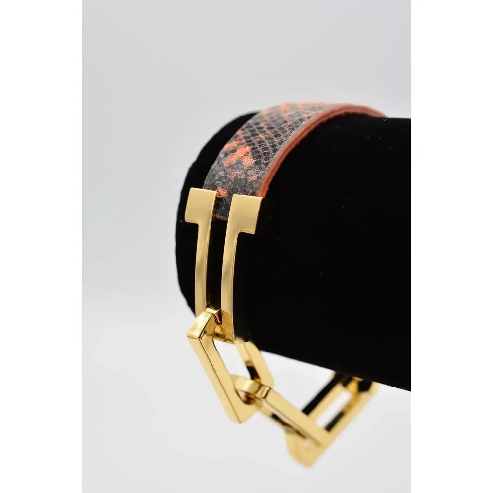 Cabi Vintage ID Bracelet Gold Tone Chain Orange Reptile Metallic Signed Bin2